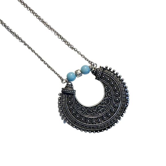 ZAD Silvertone & Turquiose Bead Statement Necklace Long Pendant Boho Bohemian - Picture 2 of 9